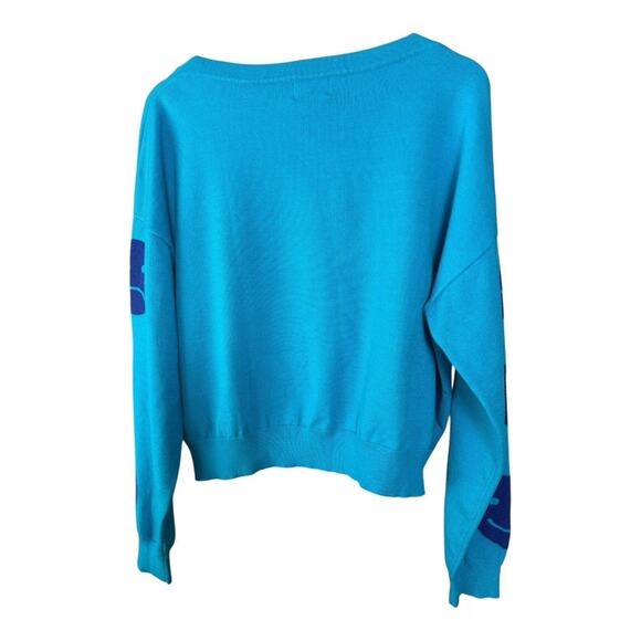 New Dressed In Lala All the Feelings Cozy Blue Sweater Size XL Happy & Sad Faces - Picture 3 of 3
